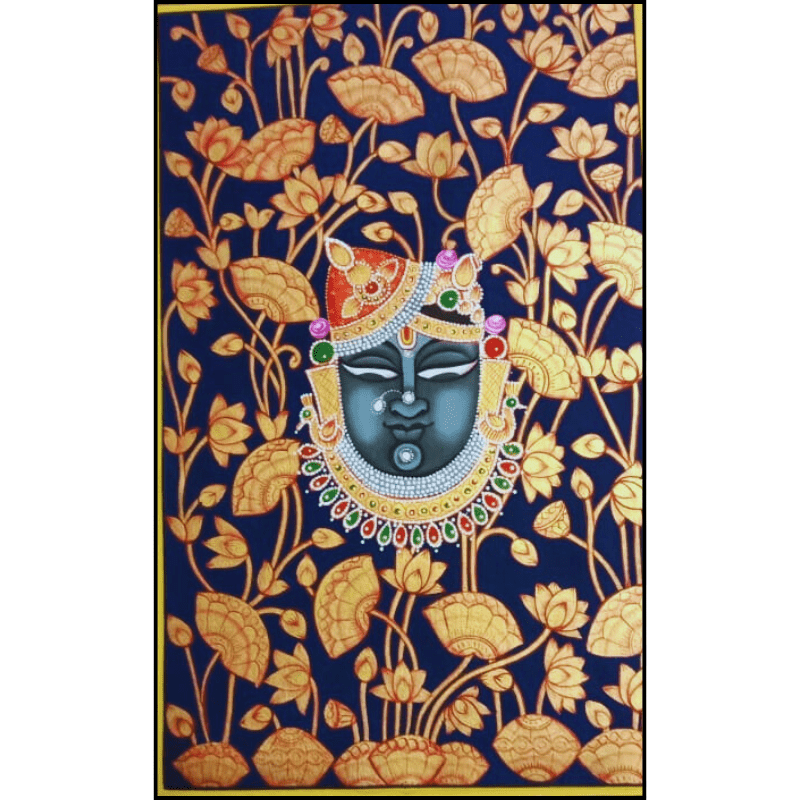 Shrinathji Pichwai Painting – Handmade Artwork with Golden Lotus Background